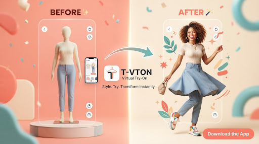AI virtual try-on split-screen visualization